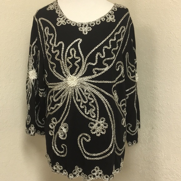 Once Again Tops - Black and White Embroidered Top